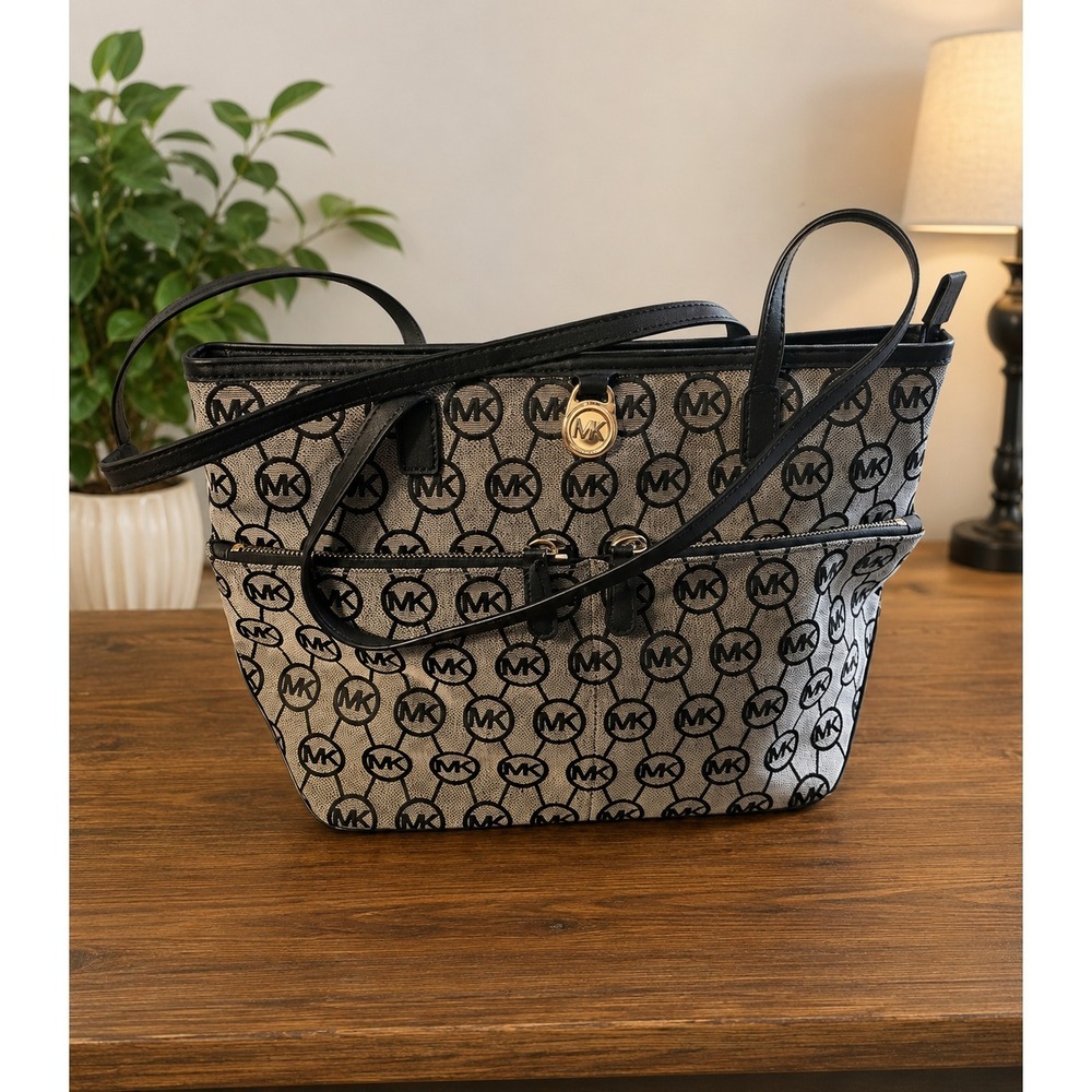 Michael Kors Signature Logo Tote Bag Black White Shoulder Handbag